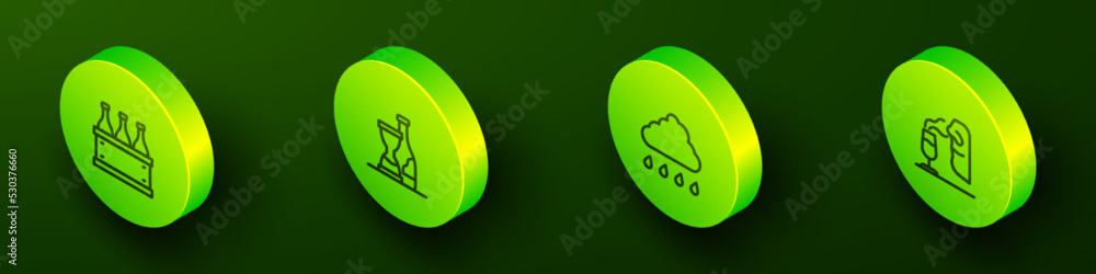 Set Isometric line Bottles of wine in box, , Cloud with rain and Sommelier icon. Vector Set Isometric line Bottles of wine in box, , Cloud with rain and Sommelier icon. Vector
