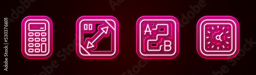 Set line Calculator, Diagonal measuring, Route location and Clock. Glowing neon icon. Vector