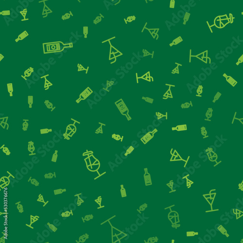 Set line Glass bottle of vodka, Cocktail and on seamless pattern. Vector