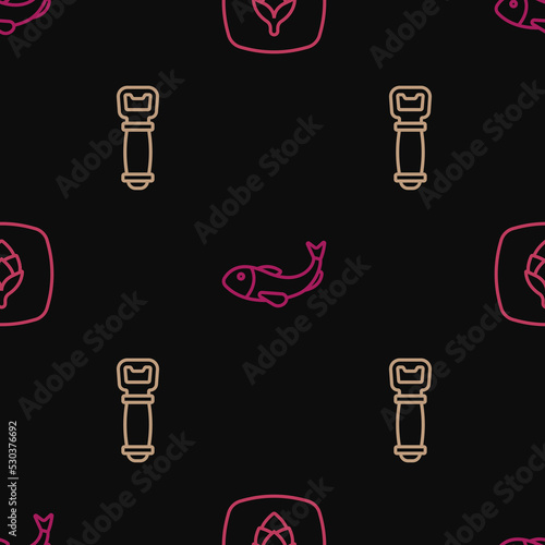 Set line Hop, Bottle opener and Dried fish on seamless pattern. Vector