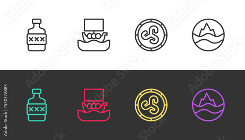 Set line Whiskey bottle, Viking ship Drakkar, Shield viking and Sea and waves on black and white. Vector