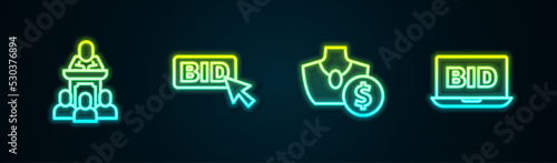 Set line Auction auctioneer sells, Bid, jewelry sale and Online. Glowing neon icon. Vector