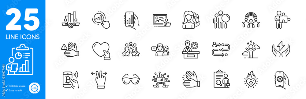 Outline icons set. Search people, Teamwork chart and Clapping hands icons. Graph chart, Journey path, App settings web elements. Bitcoin pay, Photo studio, Touchscreen gesture signs. Vector Outline icons set. Search people, Teamwork chart and Clapping hands icons. Graph chart, Journey path, App settings web elements. Bitcoin pay, Photo studio, Touchscreen gesture signs. Vector