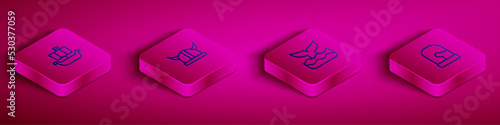 Set Isometric line Viking ship Drakkar, horned helmet, Whale tail and Christmas mittens icon. Vector