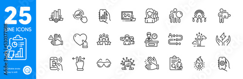 Outline icons set. Search people, Teamwork chart and Clapping hands icons. Graph chart, Journey path, App settings web elements. Bitcoin pay, Photo studio, Touchscreen gesture signs. Vector photo