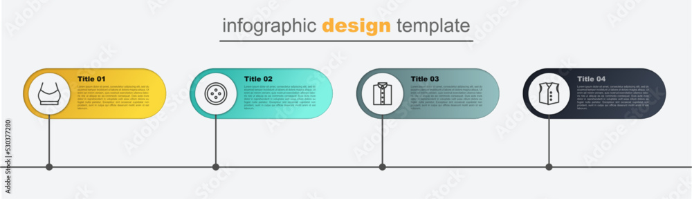 Set line Waistcoat, Shirt, Sewing button for clothes and Female crop top. Business infographic template. Vector