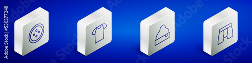 Set Isometric line Sewing button for clothes, T-shirt, Beanie hat and Men underpants icon. Vector