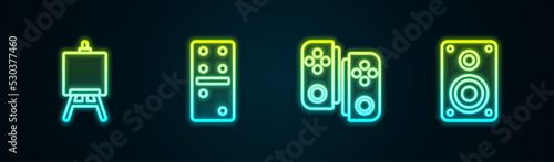 Set line Easel or painting art boards, Domino, Gamepad and Stereo speaker. Glowing neon icon. Vector