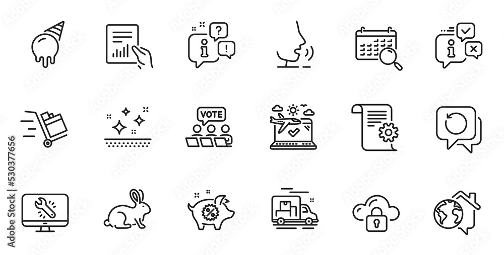 Outline set of Piggy sale, Clean skin and Work home line icons for web application. Talk, information, delivery truck outline icon. Include Push cart, Document, Cloud protection icons. Vector
