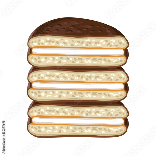 Сhocolate cake halves with white filling, isolated sweet dessert on white background. Vector