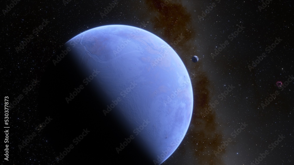 super-earth planet, realistic exoplanet, planet suitable for colonization, earth-like planet in far space, planets background 3d render
