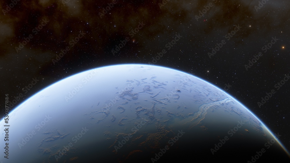 super-earth planet, realistic exoplanet, planet suitable for colonization, earth-like planet in far space, planets background 3d render
