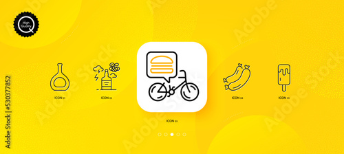 Ice cream, Sausage and Food delivery minimal line icons. Yellow abstract background. Cognac bottle, Alcohol addiction icons. For web, application, printing. Vector