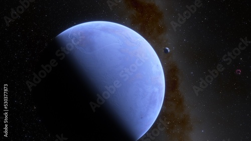 super-earth planet, realistic exoplanet, planet suitable for colonization, earth-like planet in far space, planets background 3d render 