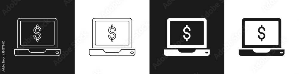 Set Laptop with dollar icon isolated on black and white background. Sending money around the world, money transfer, online banking, financial transaction. Vector Set Laptop with dollar icon isolated on black and white background. Sending money around the world, money transfer, online banking, financial transaction. Vector