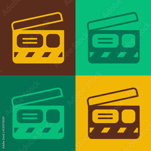 Pop art Movie clapper icon isolated on color background. Film clapper board. Clapperboard sign. Cinema production or media industry. Vector