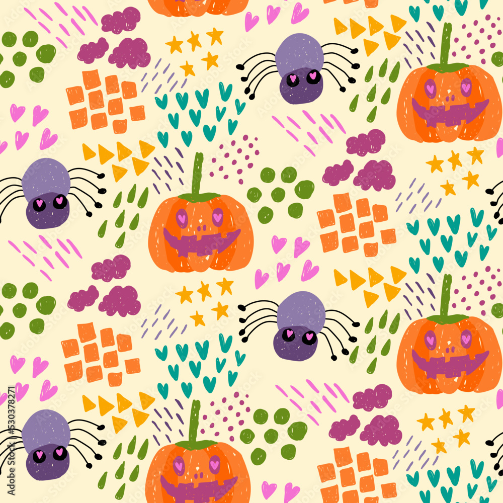 Inspired by children's cartoon drawing style. Seamless pattern for Halloween decorations. Hand drawn pumpkin and spider vector. Inspired by children's cartoon drawing style. Seamless pattern for Halloween decorations. Hand drawn pumpkin and spider vector.