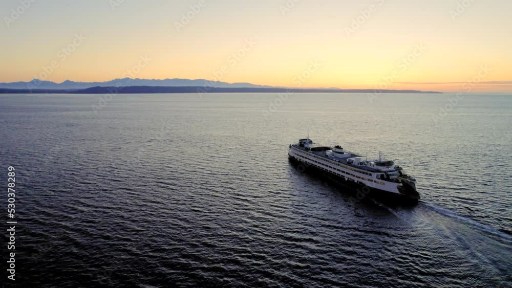 Amazing Aerial View of Ferry Crossing Puget Sound After Sunset Amazing Aerial View of Ferry Crossing Puget Sound After Sunset