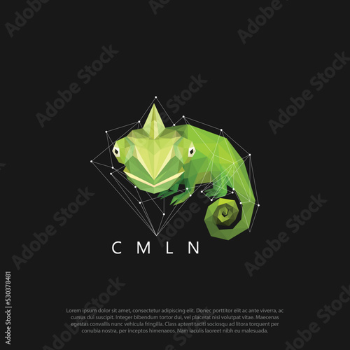 low polygon style abstract green chameleon logo vector. Geometric triangular lizard design