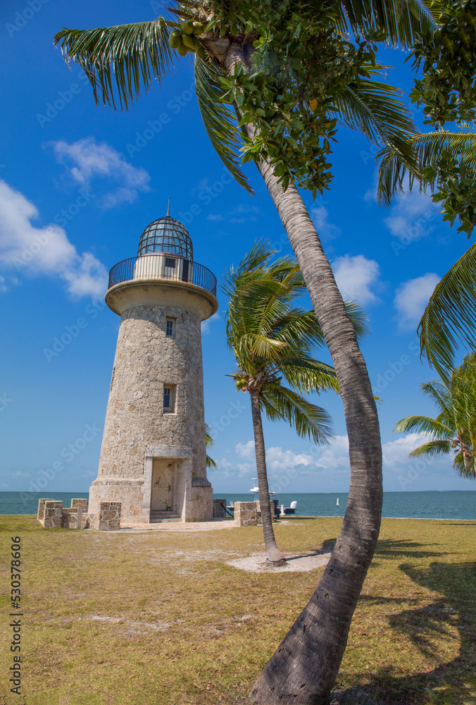 Historic, iconic Boca Chita lighthouse at the entrance to Boca Chita Key Harbor at Biscayne National Park in Florida
