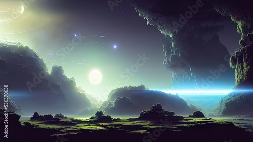 Fantasy alien world, abstract landscape, rays of light, gloomy clouds, neon, flashes of light. 3D illustration