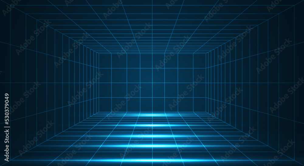 Futuristic 3D wireframe room. Perspective grid. Futuristic digital hallway space in virtual reality
