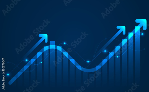 Financial graph with uptrend line and arrows on blue color background.  Business and finance concept