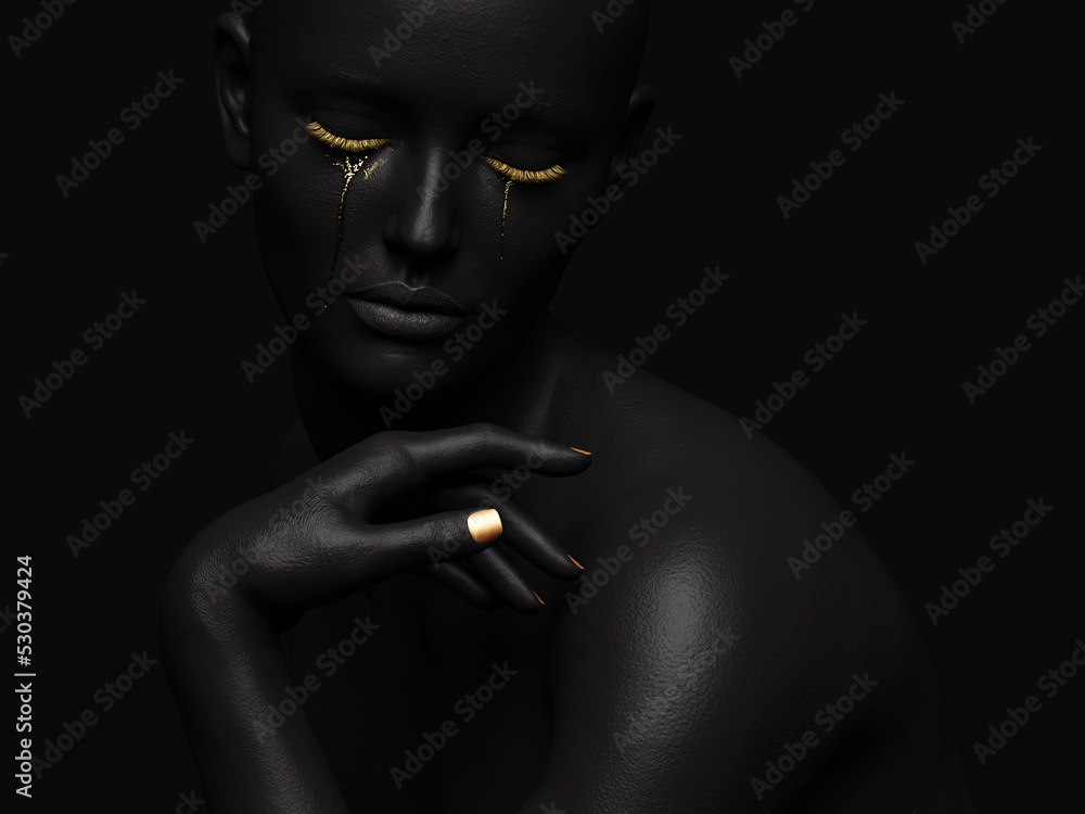 Female figure with hands on shoulders and golden tears, dark background. 3d illustration. Female figure with hands on shoulders and golden tears, dark background. 3d illustration.