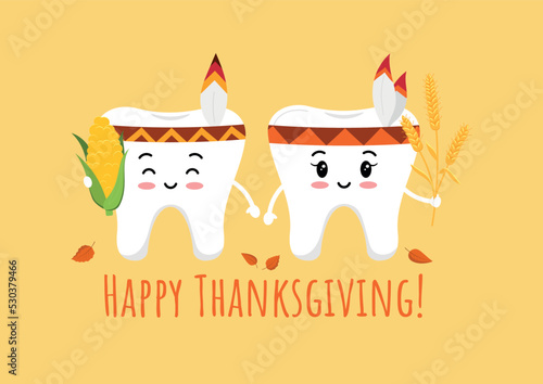 Thanksgiving tooth boy and girl in indian feather headband with corn and wheat ear in hand. White teeth in native american carnival costume dental character. Flat design cartoon vector illustration.