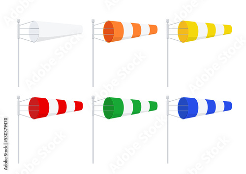 Windsock wind speed indicators icon set vector illustration. Weather green blue red orange yelloy and white stripe wind cone ground wind force and speed indication. Flat design cartoon clip art. photo
