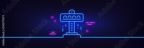 Neon light glow effect. Carousels line icon. Amusement attraction park sign. 3d line neon glow icon. Brick wall banner. Attraction outline. Vector