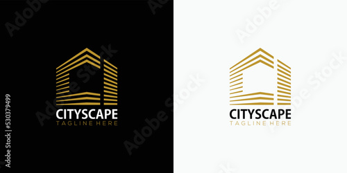 Cityscape Building logo with line art style. Initial Letter CI Golden Real Estate Apartment with CI Monogram luxury elegant logo design in Black and White Background