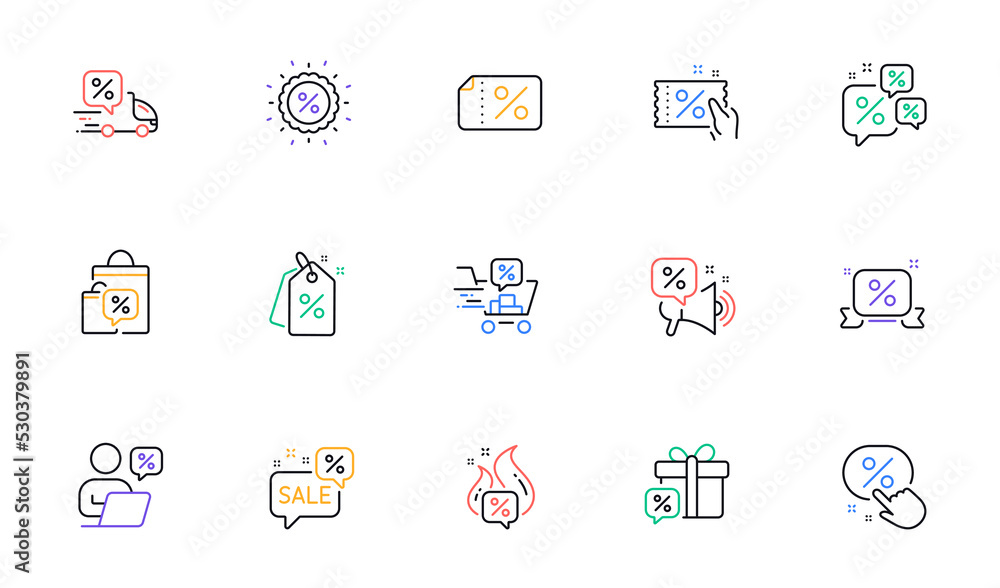 Discounts line icons. Sale Coupon, Promotion offer sign, Discount price tag. Wholesale store market and hot deal line icons. Coupon ticket, megaphone offer, delivery discount. Vector Discounts line icons. Sale Coupon, Promotion offer sign, Discount price tag. Wholesale store market and hot deal line icons. Coupon ticket, megaphone offer, delivery discount. Vector