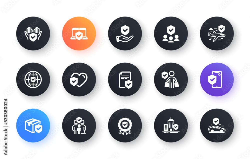 Insurance icons set. Health care, Car accident, risk service. Care insurance, flight protection icons. Safety document, money savings, delivery risk. Car full coverage. Circle web buttons. Vector Insurance icons set. Health care, Car accident, risk service. Care insurance, flight protection icons. Safety document, money savings, delivery risk. Car full coverage. Circle web buttons. Vector
