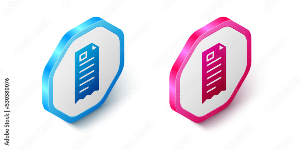Fototapeta premium Isometric Paper check and financial check icon isolated on white background. Paper print check, shop receipt or bill. Hexagon button. Vector