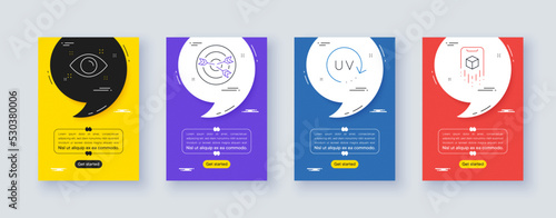 Set of Health eye, Uv protection and Targeting line icons. Poster offer frame with quote, comma. Include Augmented reality icons. For web, application. Vector