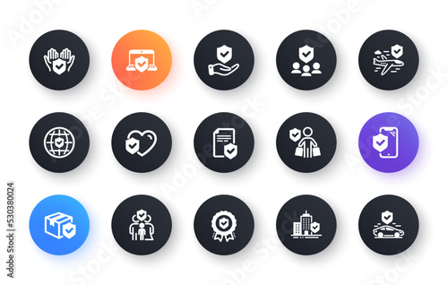 Insurance icons set. Health care, Car accident, risk service. Care insurance, flight protection icons. Safety document, money savings, delivery risk. Car full coverage. Circle web buttons. Vector