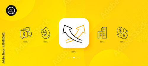 Intersection arrows, Skyscraper buildings and Organic product minimal line icons. Yellow abstract background. Info, Currency exchange icons. For web, application, printing. Vector