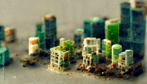 Macro, decaying city, microscopic view. motherboard