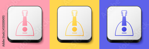 Isometric Musical instrument balalaika icon isolated on pink, yellow and blue background. Square button. Vector