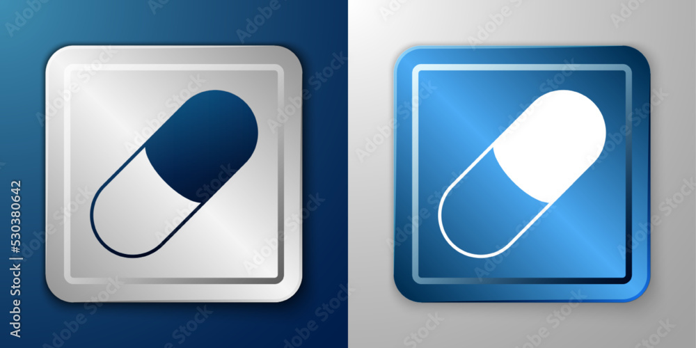 White Sleeping pill icon isolated on blue and grey background. Silver and blue square button. Vector White Sleeping pill icon isolated on blue and grey background. Silver and blue square button. Vector