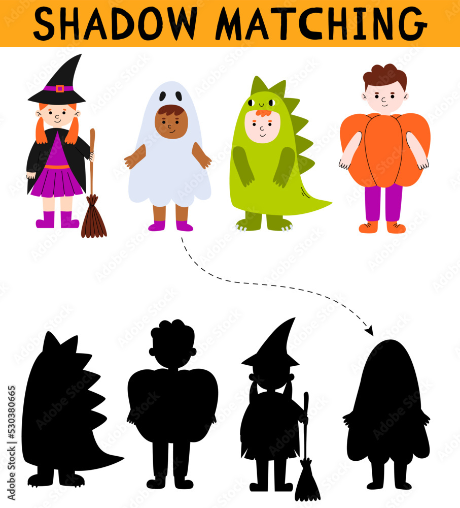 Cute kids in halloween costume shadow matching activity for children. Simple educational game ...