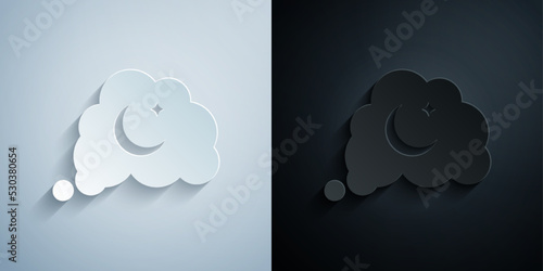 Paper cut Dreams icon isolated on grey and black background. Sleep, rest, dream concept. Resting time and comfortable relaxation. Paper art style. Vector