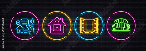 House security, Open door and Lock minimal line icons. Neon laser 3d lights. Sports stadium icons. For web, application, printing. Smart home, Entrance, House protection. Championship arena. Vector