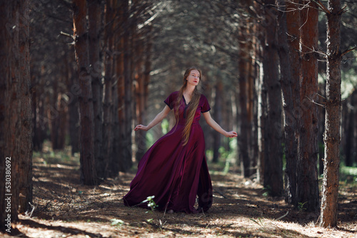 A tall, slender woman with long blond hair walks in the woods in a burgundy dress. In the pine forest.