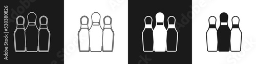 Set Bowling pin icon isolated on black and white background. Juggling clubs, circus skittles. Vector