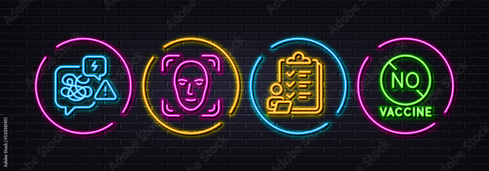 Checklist, Face detection and Stress minimal line icons. Neon laser 3d lights. No vaccine icons. For web, application, printing. Questioning clipboard, Detect person, Messy anxiety. Vector