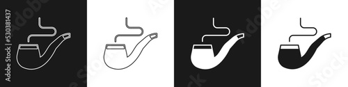 Set Smoking pipe with smoke icon isolated on black and white background. Tobacco pipe. Vector