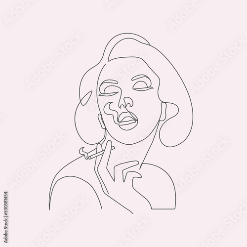 Stylish woman in cigarette smoking elegant line artwork