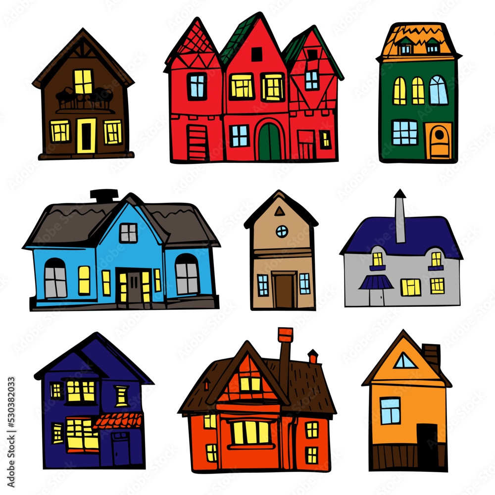 Set of hand drawn graphic sketch of different houses. Cartoon doodle sketch of country houses